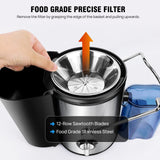 Extractor de jugos de 1000W con filtro de acero inoxidable de grado alimenticio y cuchillas dentadas de 12 filas. Diseño centrífugo para frutas y verduras enteras.