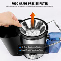 Extractor de jugos de 1000W con filtro de acero inoxidable de grado alimenticio y cuchillas dentadas de 12 filas. Diseño centrífugo para frutas y verduras enteras.
