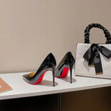 2023 New Style Patent Leather Black Red Base Fine Heel Pointed Toe High Heel Shoes Sexy Versatile Niche Elegant 10cm Single Shoe