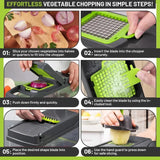 Pasos para usar el cortador de verduras 12 en 1. Fácil de usar con cuchillas intercambiables y sistema de presión para cortes rápidos y seguros.