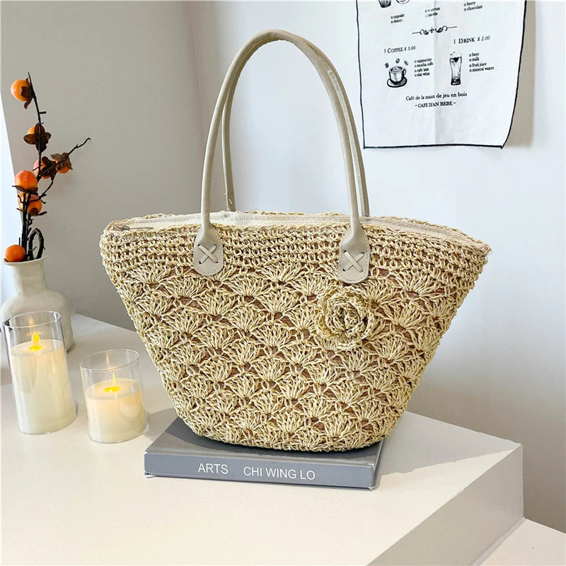 Summer Large Capacity Hand Knitting Straw Bag with Inner Pocket Casual Crochet Beach Handbag Travel Vacation Shopping Tote 2025
