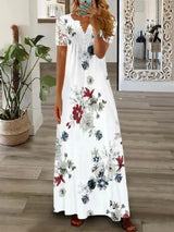 Spring Summer Women's New Fashionable Printed V-neck Sexy Lace Lace Patchwork Single Breasted Long Casual Comfortable Dress