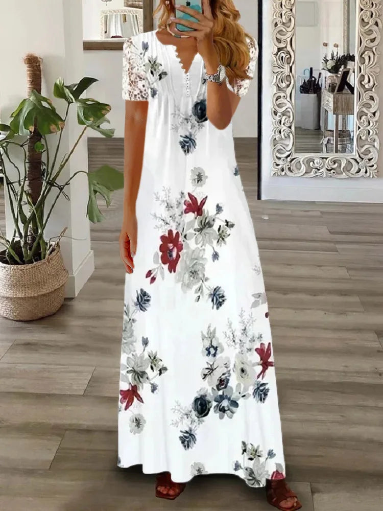 Spring Summer Women's New Fashionable Printed V-neck Sexy Lace Lace Patchwork Single Breasted Long Casual Comfortable Dress