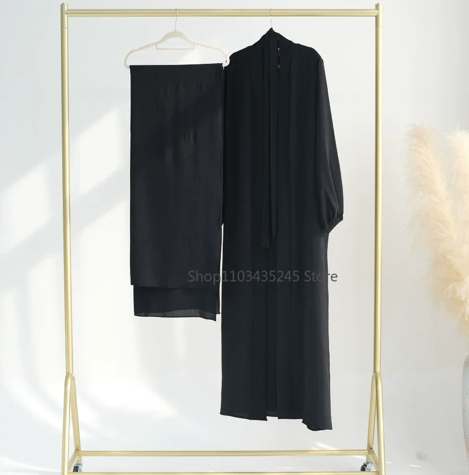 2 Piece Abaya Kimono + Inner Dress Matching Muslim Set Women Dubai Luxury Ramadan Balloon Sleeve Wrinkles Islamic Outfit Kaftan