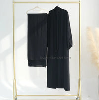 2 Piece Abaya Kimono + Inner Dress Matching Muslim Set Women Dubai Luxury Ramadan Balloon Sleeve Wrinkles Islamic Outfit Kaftan