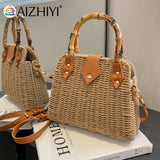 Summer Shoulder Bag Bamboo Handle Ladies Woven Tote Handmade Casual Fashion Simple Portable Adjustable Strap for Seaside Holiday