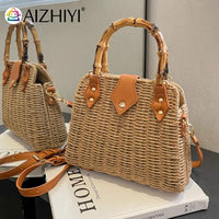 Summer Shoulder Bag Bamboo Handle Ladies Woven Tote Handmade Casual Fashion Simple Portable Adjustable Strap for Seaside Holiday