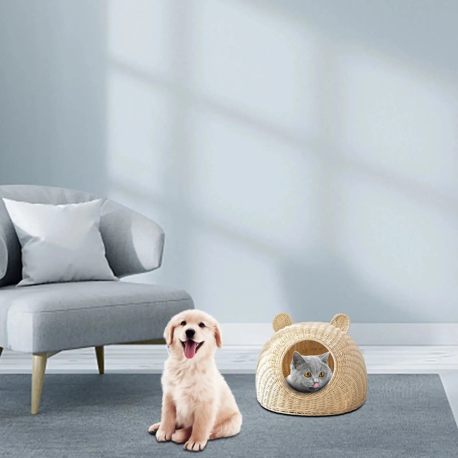 Cat Shaped Rattan Cat Bed Indoor Washable Kitten Nest Pet Semi-Closed Cage Small Cat Playing Sleeping Kennel Pet Supplies