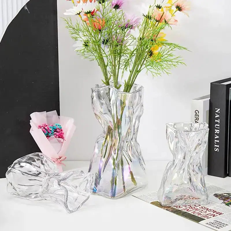 Irregular Transparent Glass Flower Vase 23cm*9cm Big Flower Bottle Tabletop Hydroponic Pot Home Living Room Table Decorations