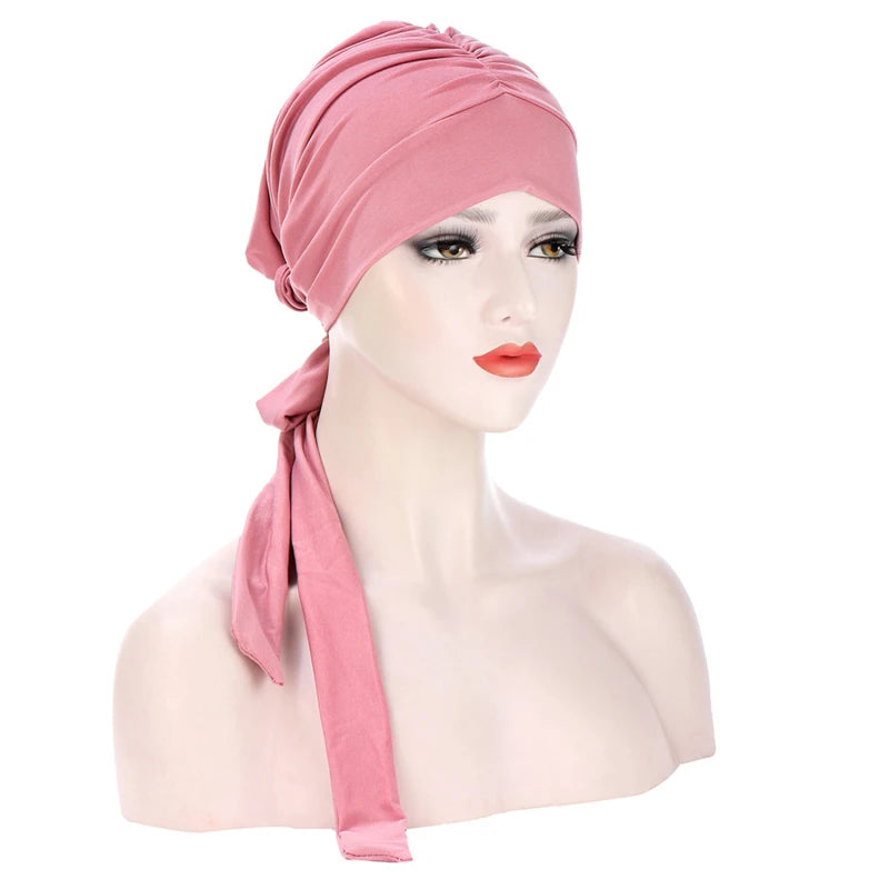Muslim Women Stretch Solid Wrinkle Turban Hat Cancer Chemo Beanies Caps Pre-Tied Scarf Headwear Headwrap Plated Hair Accessories