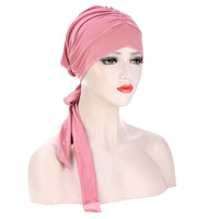 Muslim Women Stretch Solid Wrinkle Turban Hat Cancer Chemo Beanies Caps Pre-Tied Scarf Headwear Headwrap Plated Hair Accessories