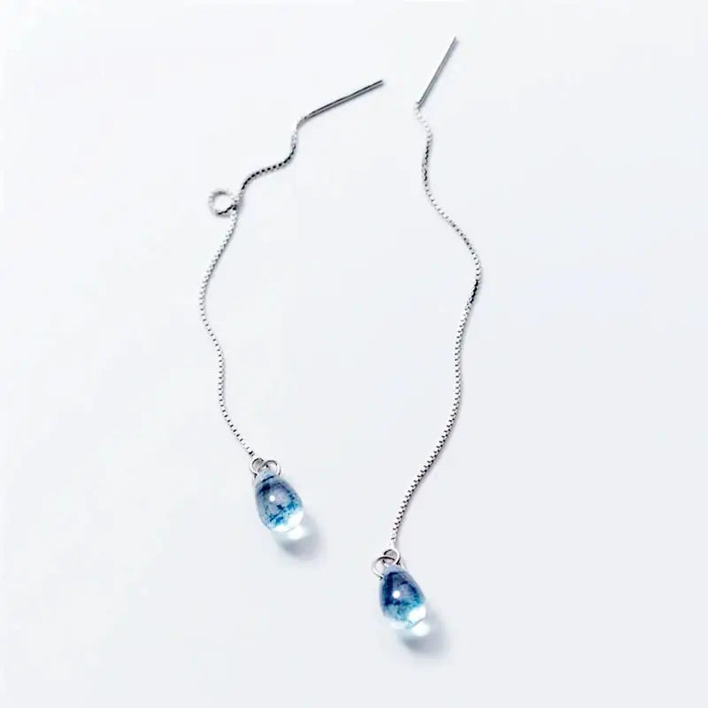Long Tassel Earrings Literary Blue Crystal Water Droplets Silver Color Dangle Earrings For Women Girl Luxury Jewelry Party Gift