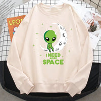 Casual Kawaii Women Sweatshirts I Need More Space Green Alien Print Hoodie Loose Warm Pullover Soft Fleece Ladies Streetwear