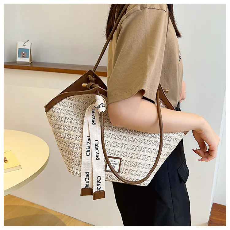 Ladies Beach Bag Vintage Handmade Woven Shoulder Handbag Large Capacity Rattan Bags Summer Vacation Casual Handbags Bolso Mujer