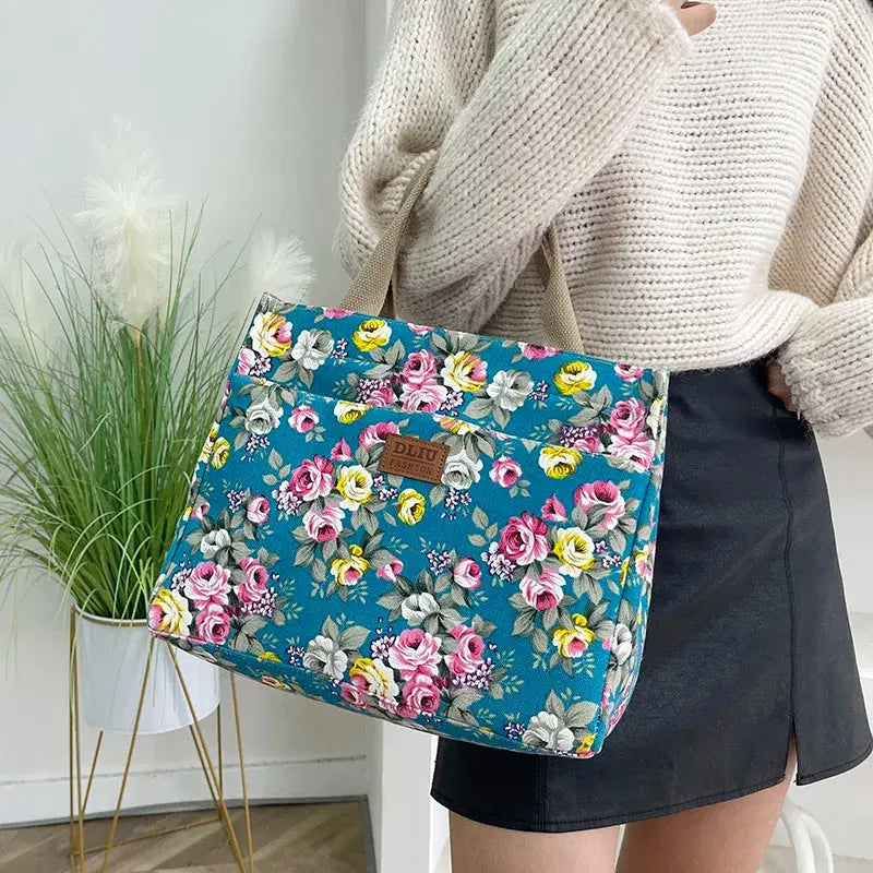 Fashion Floral Print Tote Bag, Portable Canvas Lunch Bag, Women's Casual Handbag & Bento Mommy Bag For Picnic Travel