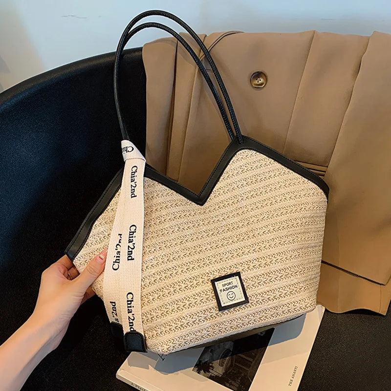 Ladies Beach Bag Vintage Handmade Woven Shoulder Handbag Large Capacity Rattan Bags Summer Vacation Casual Handbags Bolso Mujer