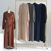 2 Piece Abaya Kimono + Inner Dress Matching Muslim Set Women Dubai Luxury Ramadan Balloon Sleeve Wrinkles Islamic Outfit Kaftan
