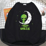 Casual Kawaii Women Sweatshirts I Need More Space Green Alien Print Hoodie Loose Warm Pullover Soft Fleece Ladies Streetwear