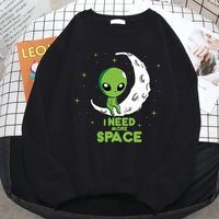Casual Kawaii Women Sweatshirts I Need More Space Green Alien Print Hoodie Loose Warm Pullover Soft Fleece Ladies Streetwear