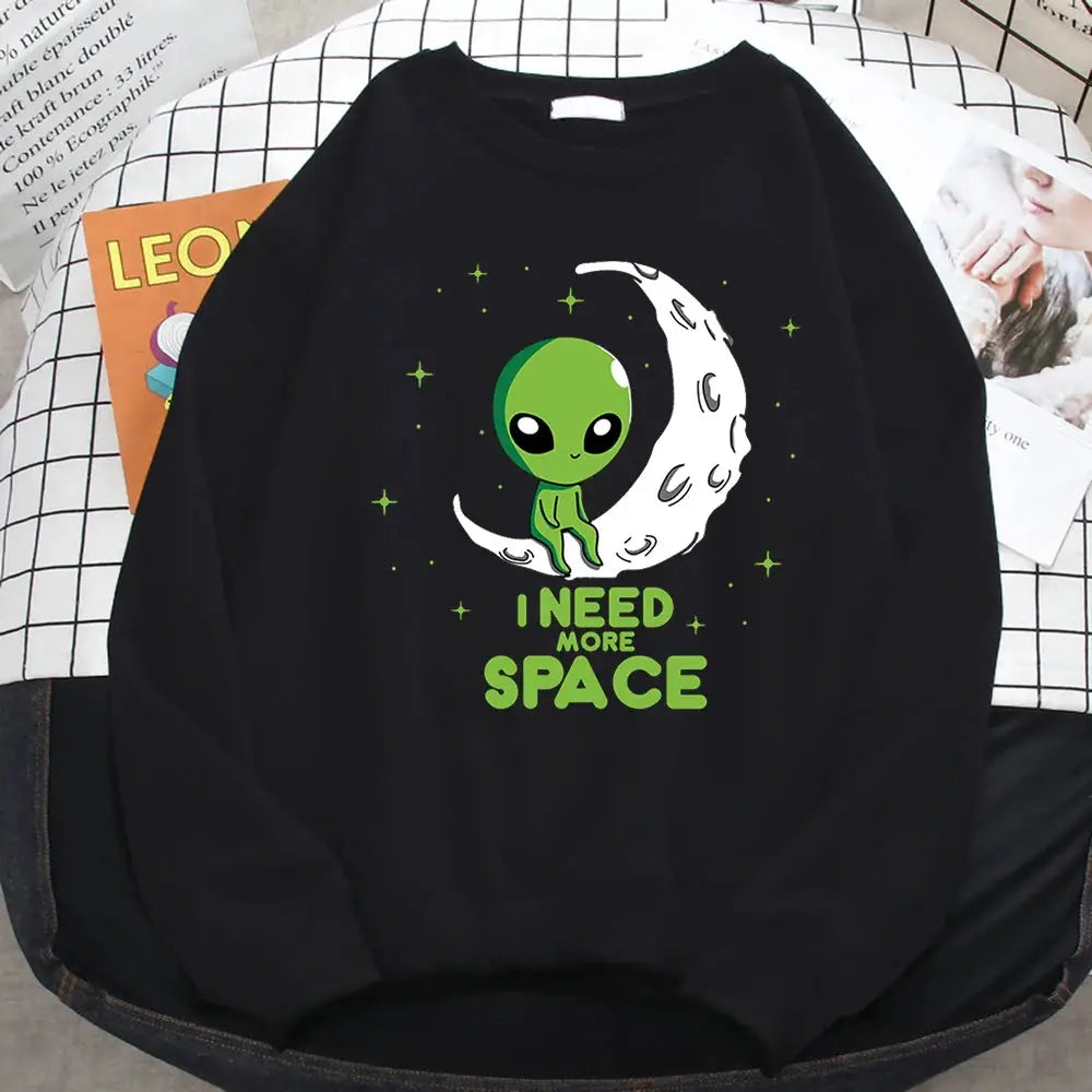 Casual Kawaii Women Sweatshirts I Need More Space Green Alien Print Hoodie Loose Warm Pullover Soft Fleece Ladies Streetwear