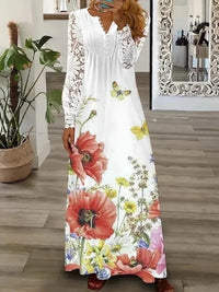 Spring Summer Women's New Fashionable Printed V-neck Sexy Lace Lace Patchwork Single Breasted Long Casual Comfortable Dress
