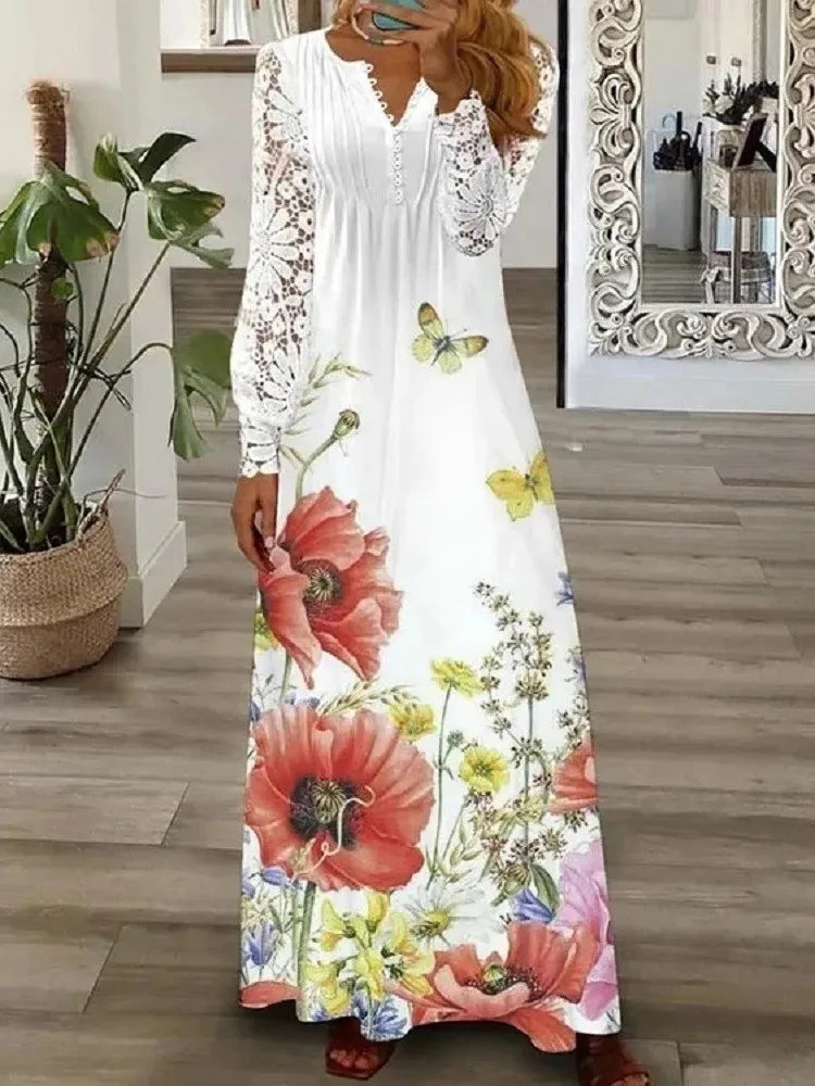 Spring Summer Women's New Fashionable Printed V-neck Sexy Lace Lace Patchwork Single Breasted Long Casual Comfortable Dress