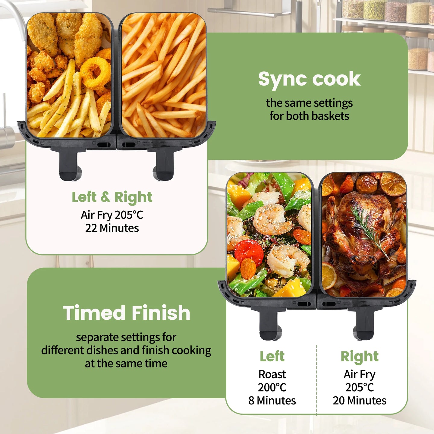 Hot air fryer 2 chambers with viewing window, 10L Double  drawers, Hot air fryer with touch screen 8 auto progrmas