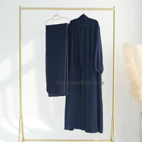 2 Piece Abaya Kimono + Inner Dress Matching Muslim Set Women Dubai Luxury Ramadan Balloon Sleeve Wrinkles Islamic Outfit Kaftan