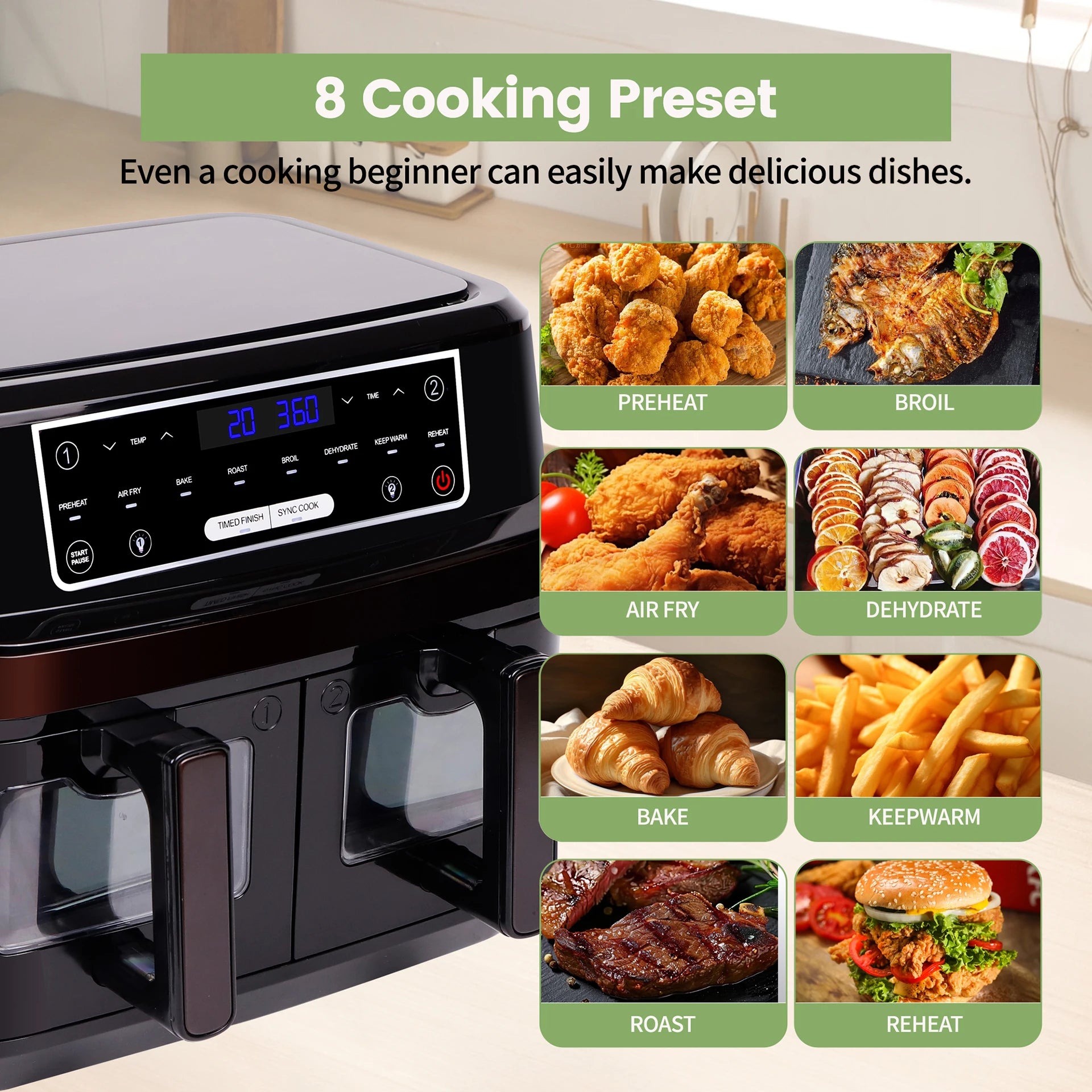 Hot air fryer 2 chambers with viewing window, 10L Double  drawers, Hot air fryer with touch screen 8 auto progrmas