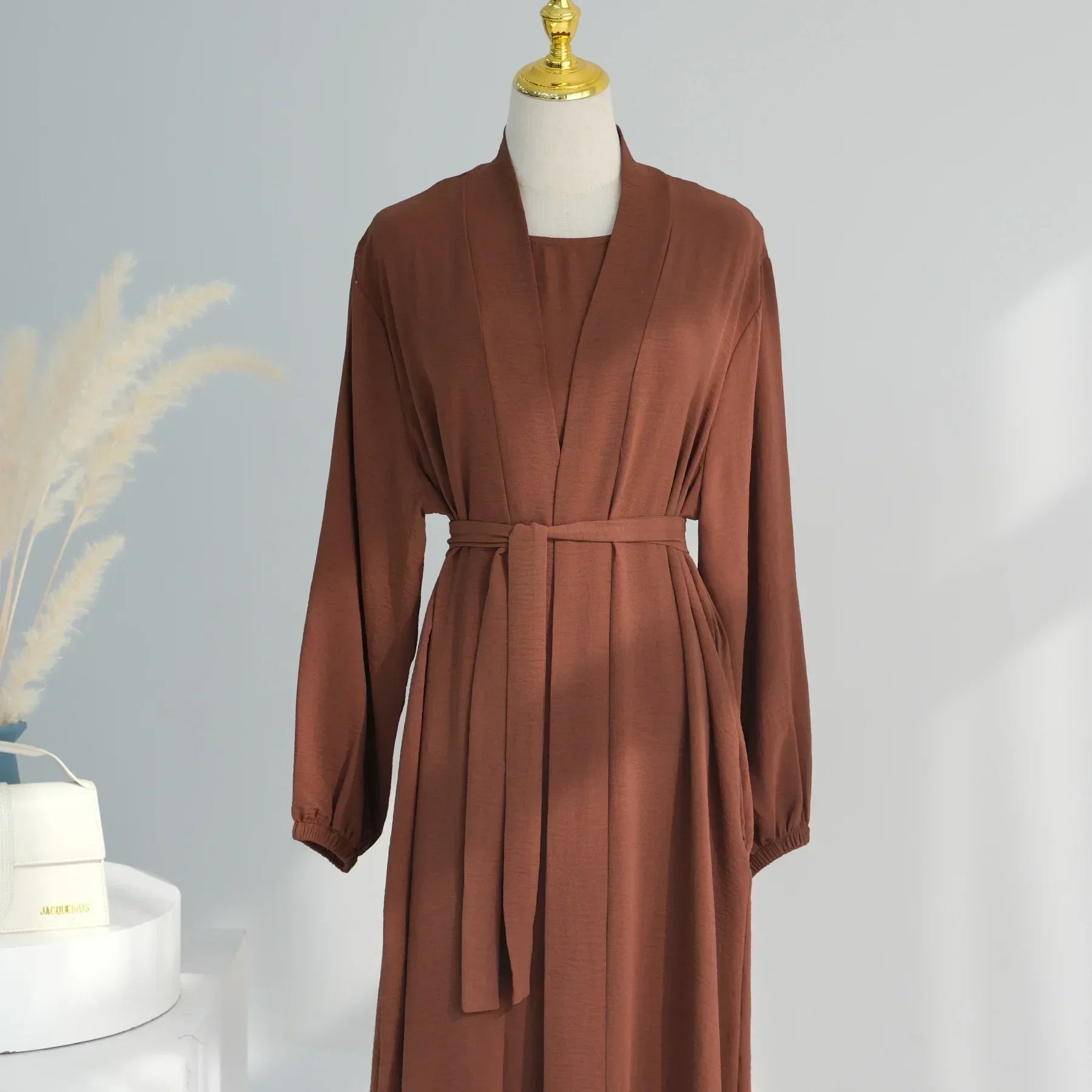 2 Piece Abaya Kimono + Inner Dress Matching Muslim Set Women Dubai Luxury Ramadan Balloon Sleeve Wrinkles Islamic Outfit Kaftan