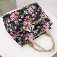 Fashion Floral Print Tote Bag, Portable Canvas Lunch Bag, Women's Casual Handbag & Bento Mommy Bag For Picnic Travel