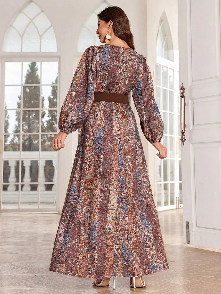 TOLEEN 2024 Fashion Women Spring/Summer Long Elegant Arab Style Lantern Sleeve Caftan Dress With Paisley Flower Print And V-Neck
