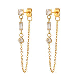 E.B.belle Micro Paved Rectangle Square Round Crystal Long Chain Drop Earring Front and Back Side Stainless Steel Earring