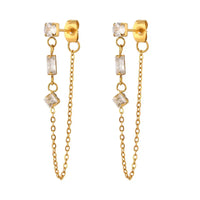 E.B.belle Micro Paved Rectangle Square Round Crystal Long Chain Drop Earring Front and Back Side Stainless Steel Earring