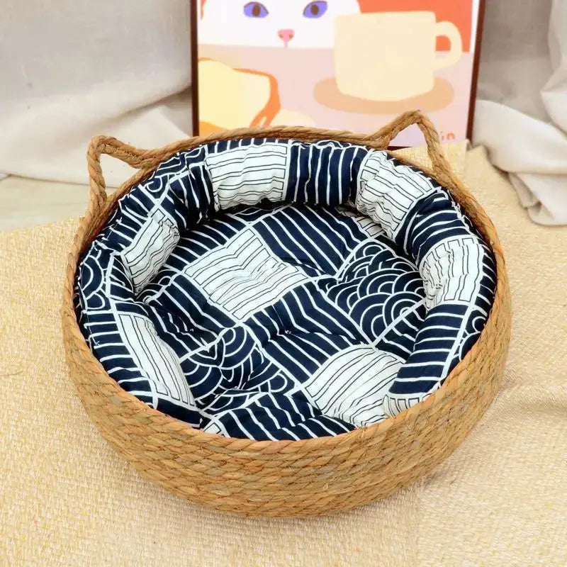 OUZEY Rattan Weaving Cat Basket Pet Cat Bed With Cushion Soft Warm Puppy Kitten Bed Donut Round Comfortable Sleeping Cat House