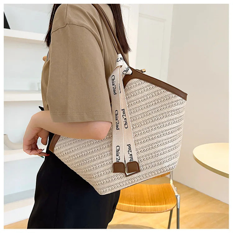 Ladies Beach Bag Vintage Handmade Woven Shoulder Handbag Large Capacity Rattan Bags Summer Vacation Casual Handbags Bolso Mujer