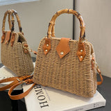 Summer Shoulder Bag Bamboo Handle Ladies Woven Tote Handmade Casual Fashion Simple Portable Adjustable Strap for Seaside Holiday