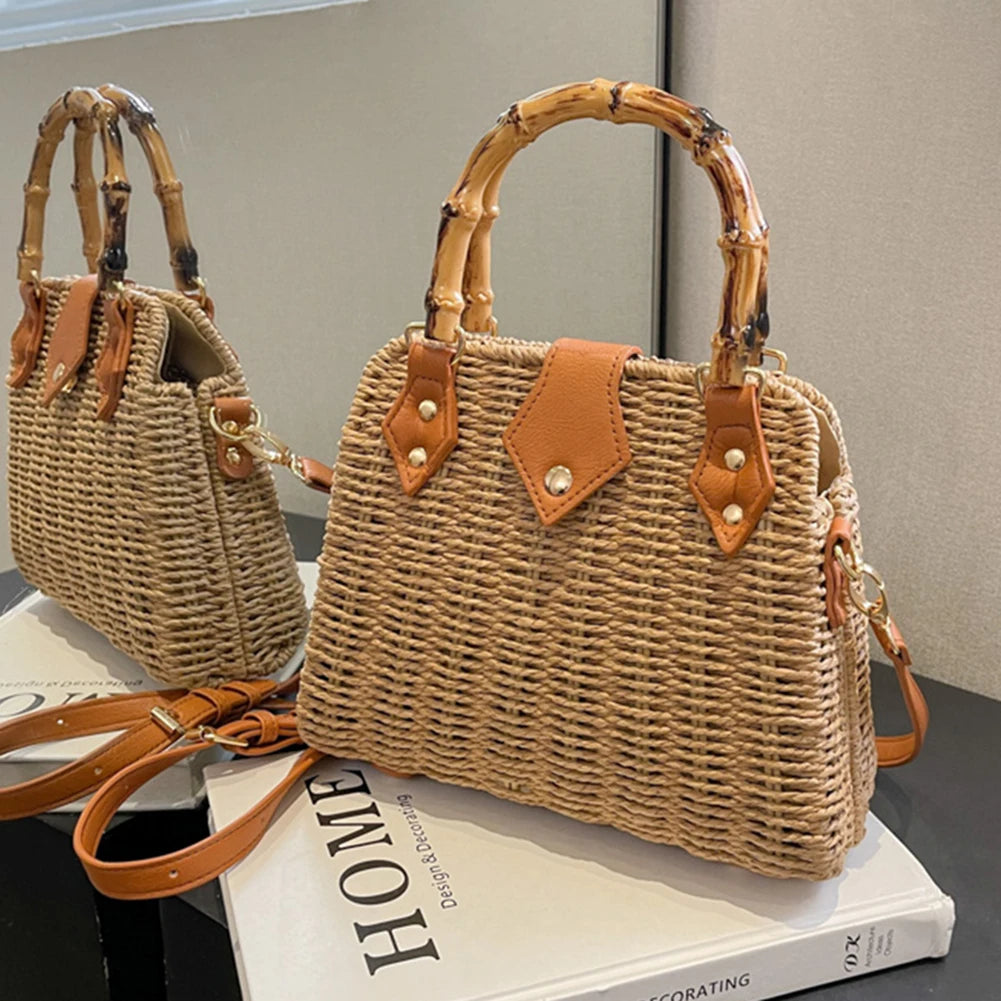 Summer Shoulder Bag Bamboo Handle Ladies Woven Tote Handmade Casual Fashion Simple Portable Adjustable Strap for Seaside Holiday