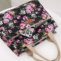 Fashion Floral Print Tote Bag, Portable Canvas Lunch Bag, Women's Casual Handbag & Bento Mommy Bag For Picnic Travel