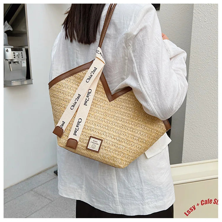 Ladies Beach Bag Vintage Handmade Woven Shoulder Handbag Large Capacity Rattan Bags Summer Vacation Casual Handbags Bolso Mujer