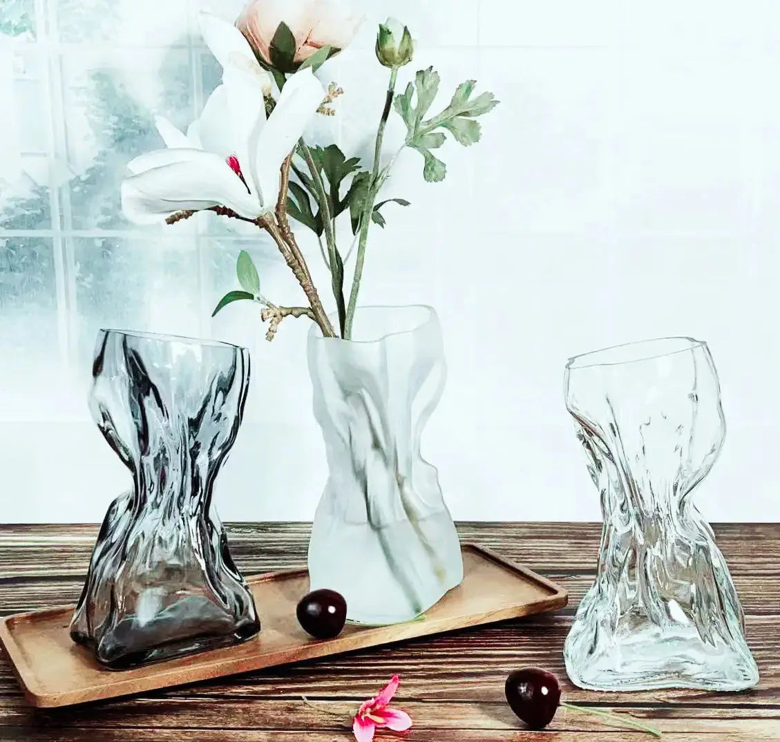Irregular Transparent Glass Flower Vase 23cm*9cm Big Flower Bottle Tabletop Hydroponic Pot Home Living Room Table Decorations