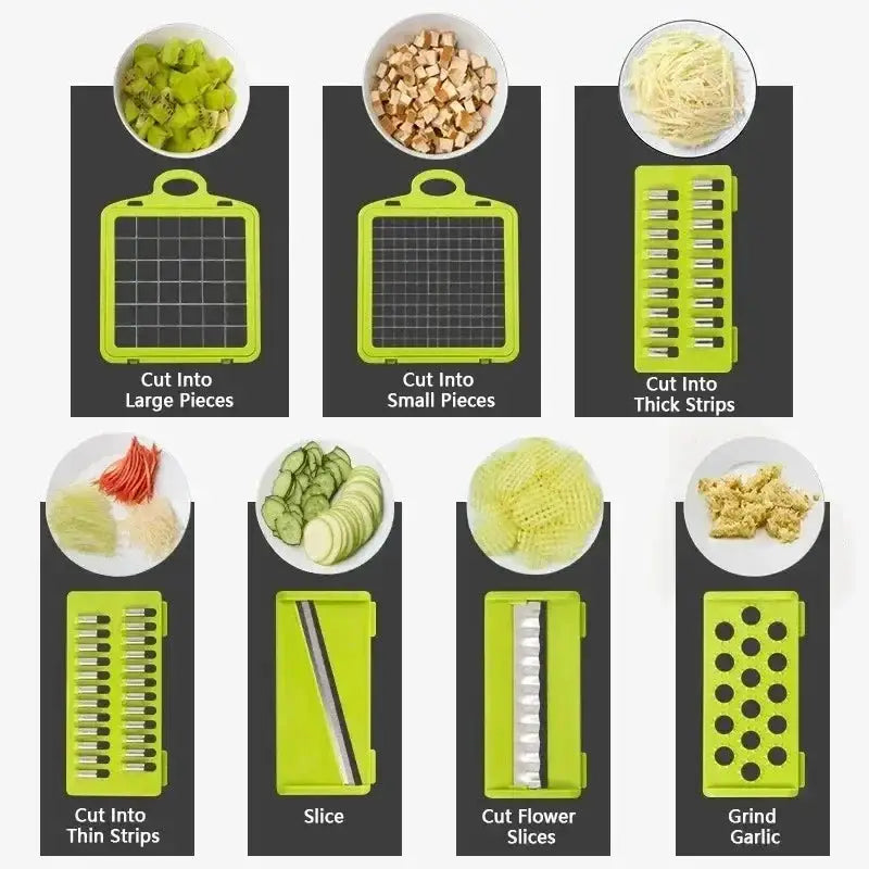 Diferentes tipos de cuchillas del cortador de verduras para cortes gruesos, finos y en rebanadas. Accesorios intercambiables para mayor versatilidad.