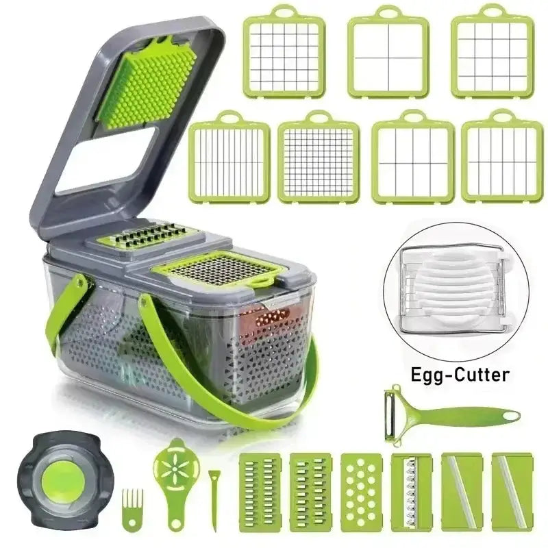 Cortador de verduras 12 en 1 multifuncional y manual con múltiples cuchillas intercambiables. Incluye rallador, rebanador y contenedor práctico.
