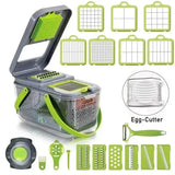 Cortador de verduras 12 en 1 multifuncional y manual con múltiples cuchillas intercambiables. Incluye rallador, rebanador y contenedor práctico.