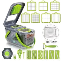 Cortador de verduras 12 en 1 multifuncional y manual con múltiples cuchillas intercambiables. Incluye rallador, rebanador y contenedor práctico.