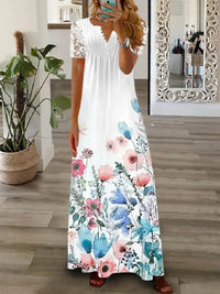 Spring Summer Women's New Fashionable Printed V-neck Sexy Lace Lace Patchwork Single Breasted Long Casual Comfortable Dress