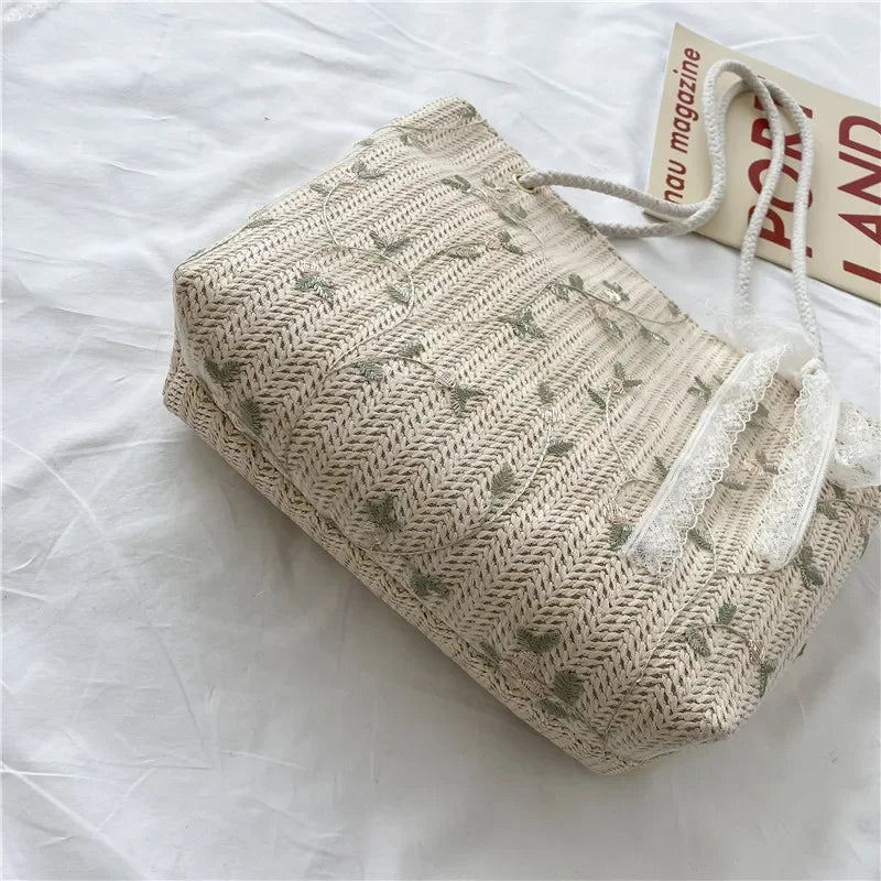 Women Handbag Lace Ins Straw Multi-purpose Single Shoulder Bag Female Fashion Large Capacity Hand Woven Totes for Ladies