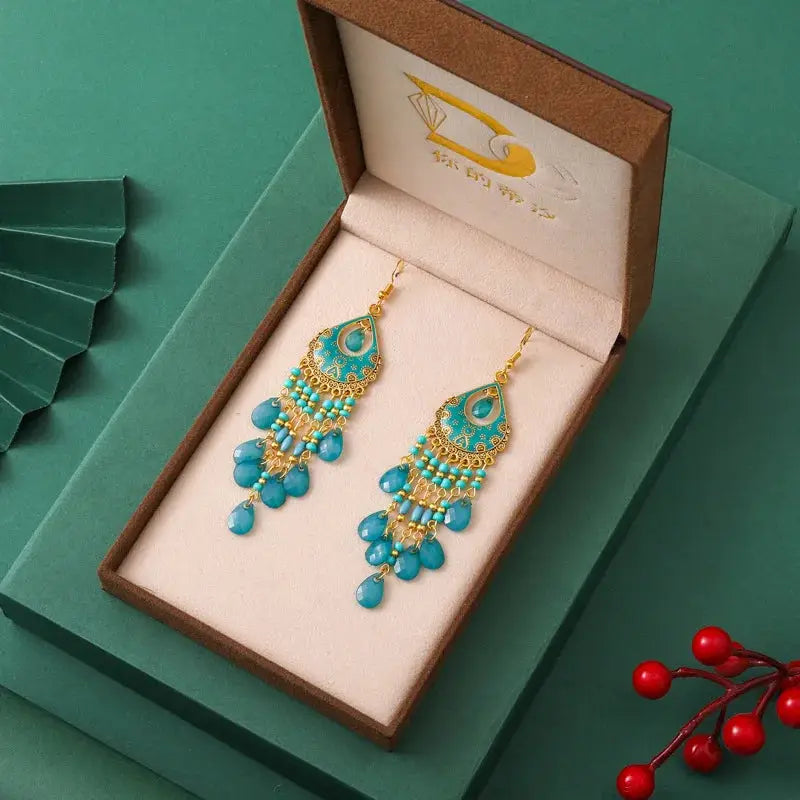 Bohemian Long Acrylic Waterdrop Tassel Earrings for Women Ethnic Multicolor Bead Drop Oil Handmade Dangle Earrings Boho Jewelry