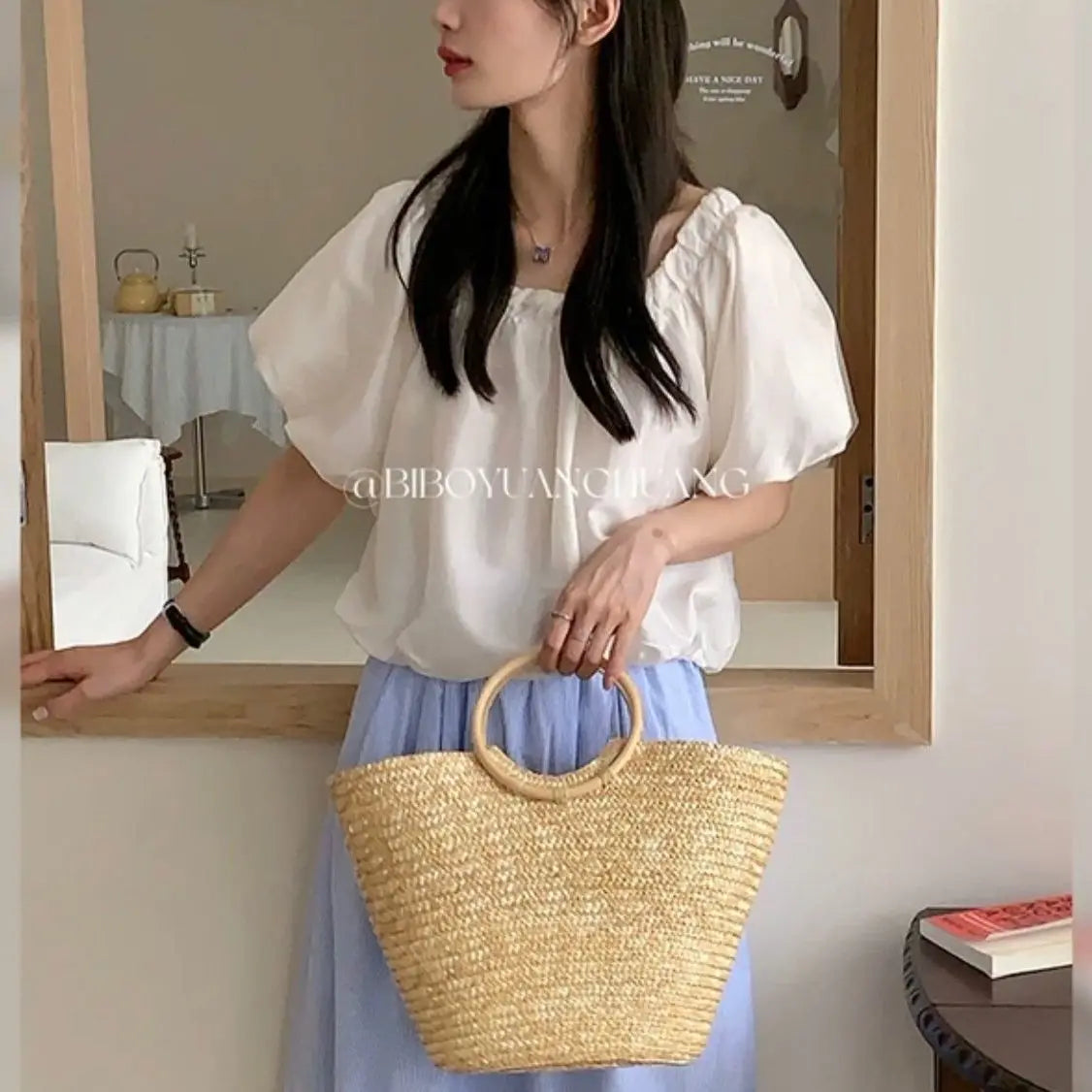 Summer Tote Woven Bag Seaside Vacation Photo Large Capacity Handmade Woven Shoulder Women's Bag