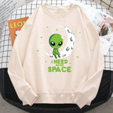 Casual Kawaii Women Sweatshirts I Need More Space Green Alien Print Hoodie Loose Warm Pullover Soft Fleece Ladies Streetwear